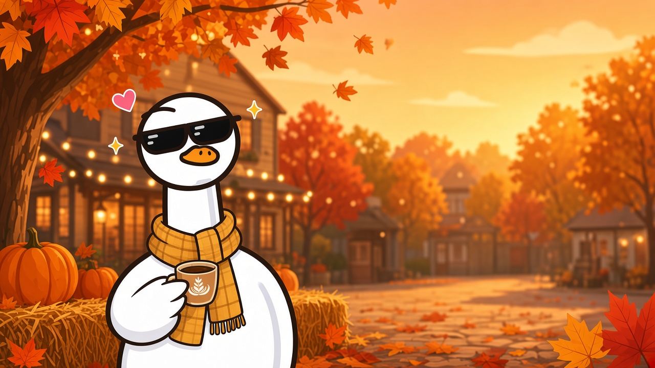 Kevin the goose in sunglasses and a plaid scarf, holding a latte on a cozy autumn small-town street